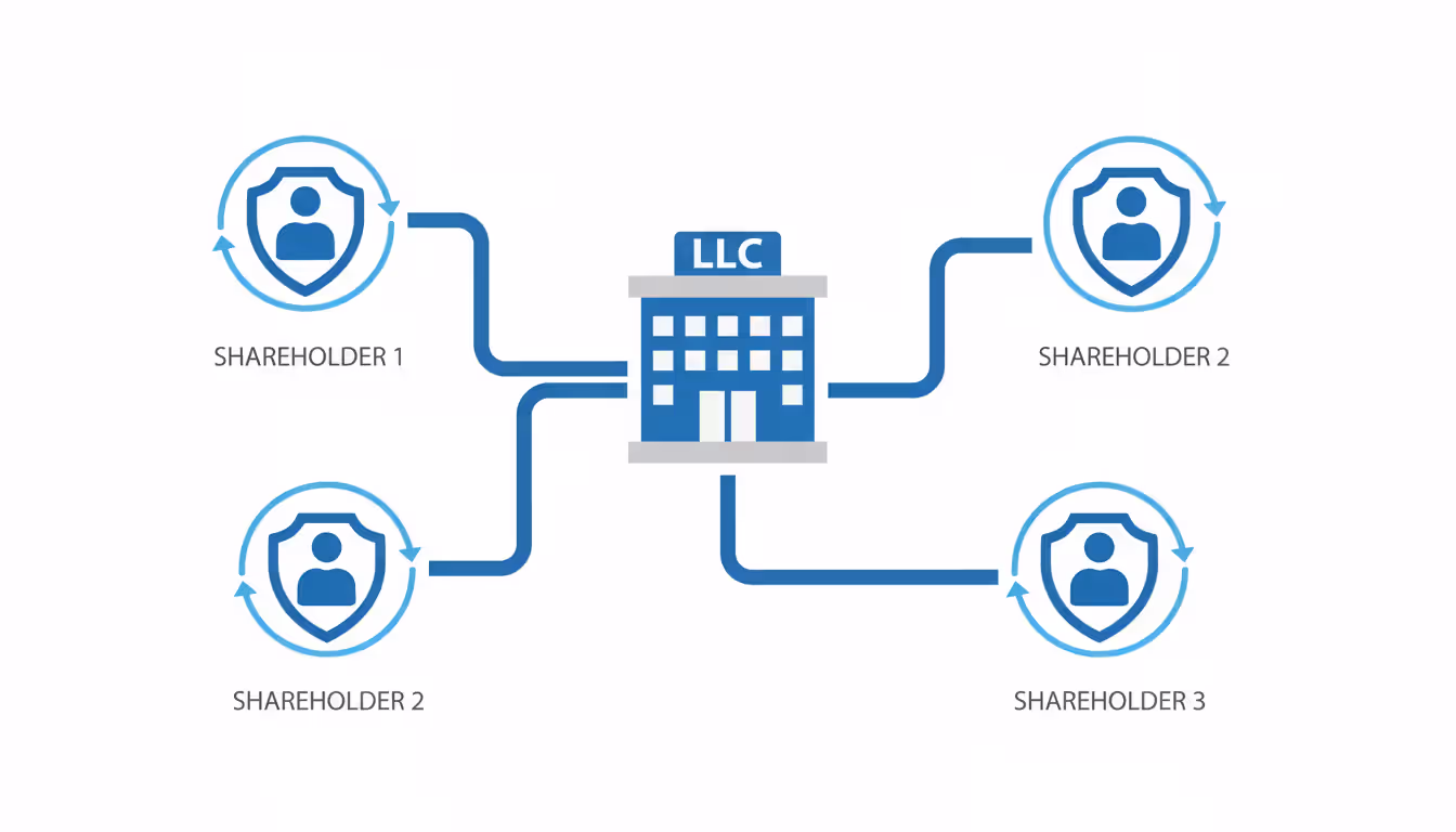 Infographic showing LLC structure with three members protected by liability shields