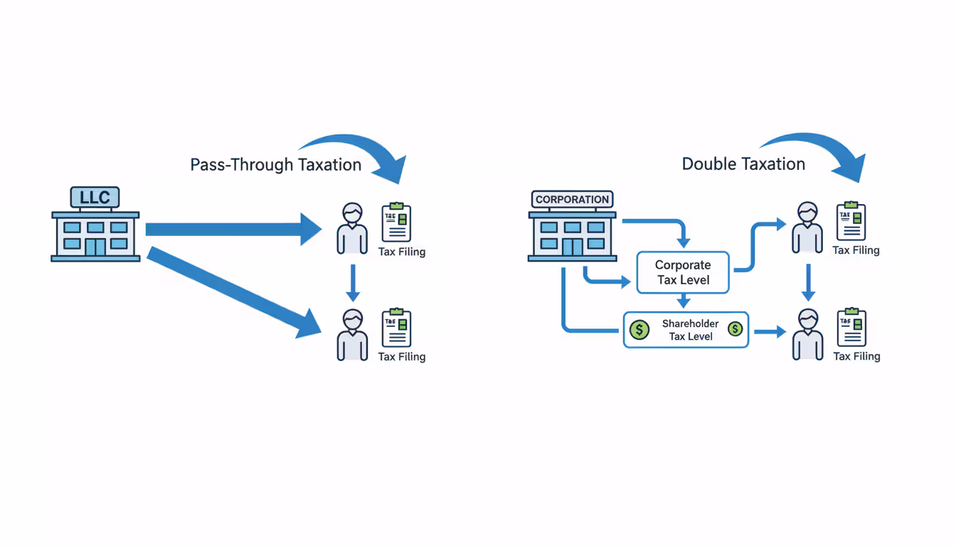 Diagram comparing pass-through taxation of LLC versus double taxation of corporation