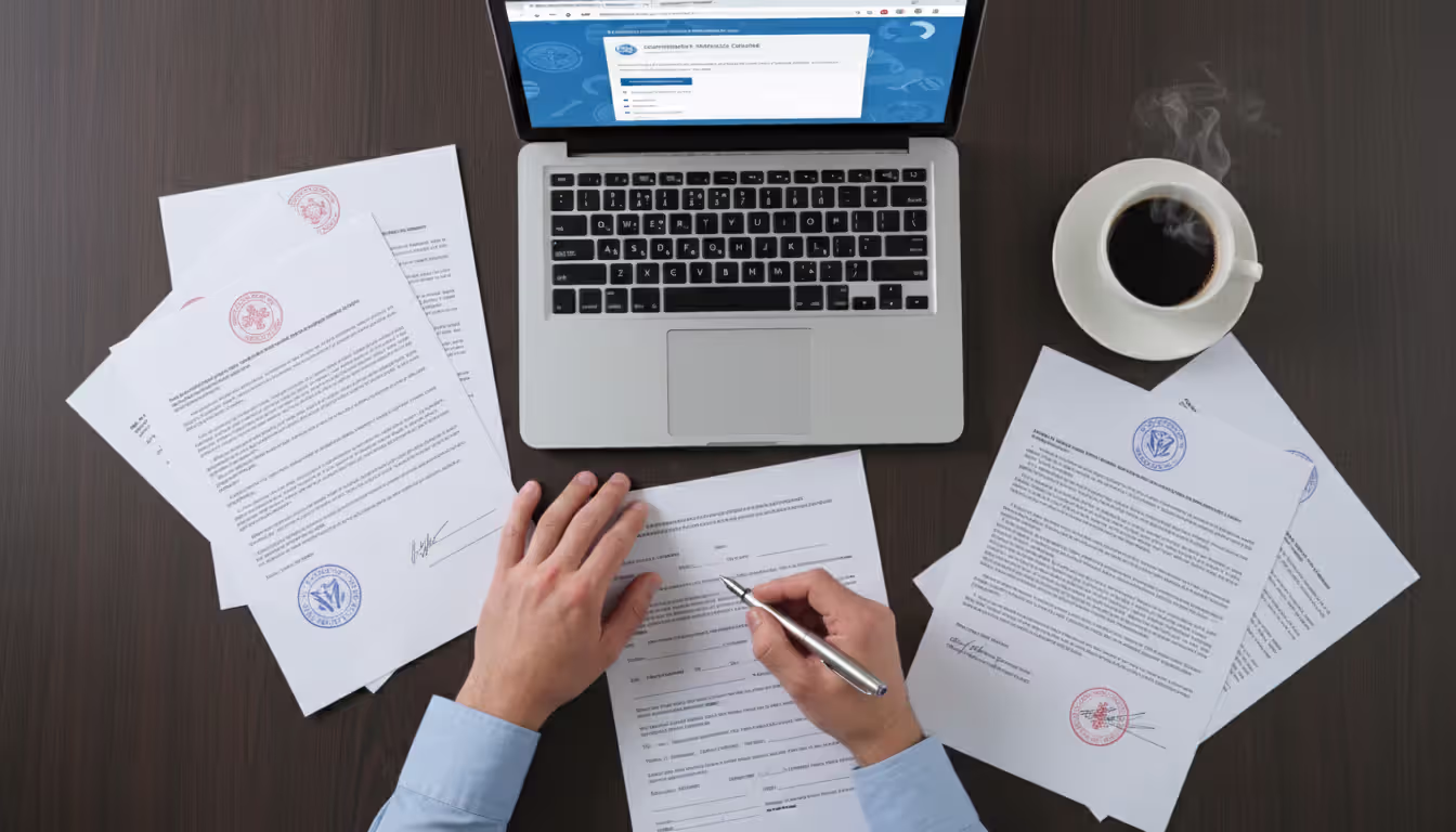 Top view of a desk with official formation documents, laptop, and a pen during LLC registration process