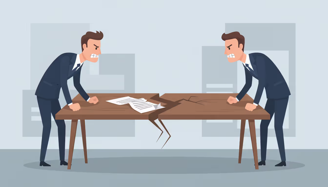 Two business partners in conflict standing on opposite sides of a cracked table with torn document