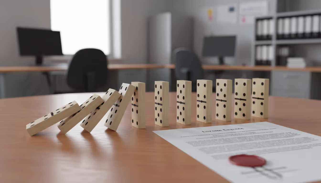 Falling domino chain on a desk next to an official stamped document symbolizing cascading compliance failures