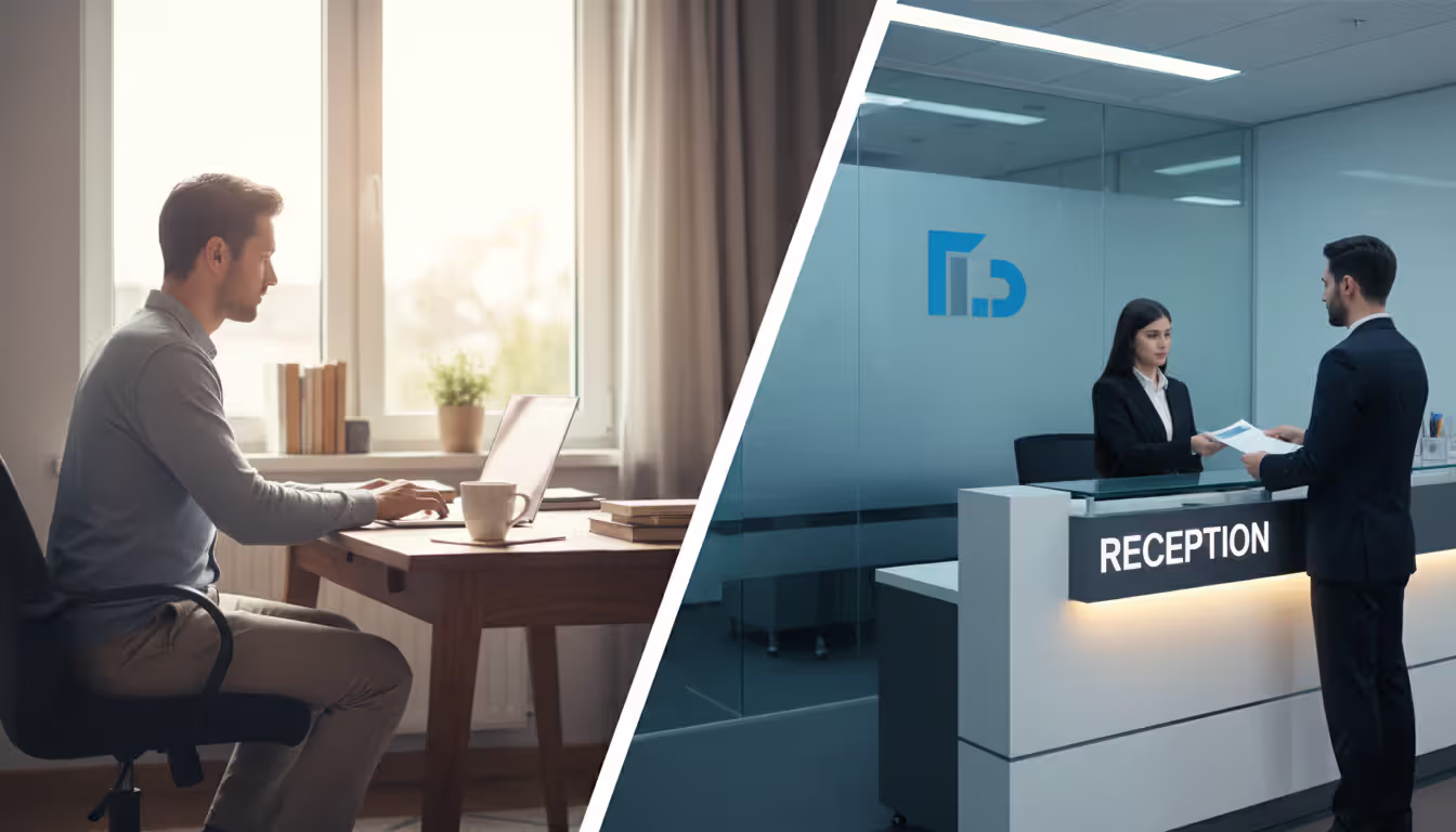 Split image comparing a person working from home desk versus a professional office receptionist accepting documents