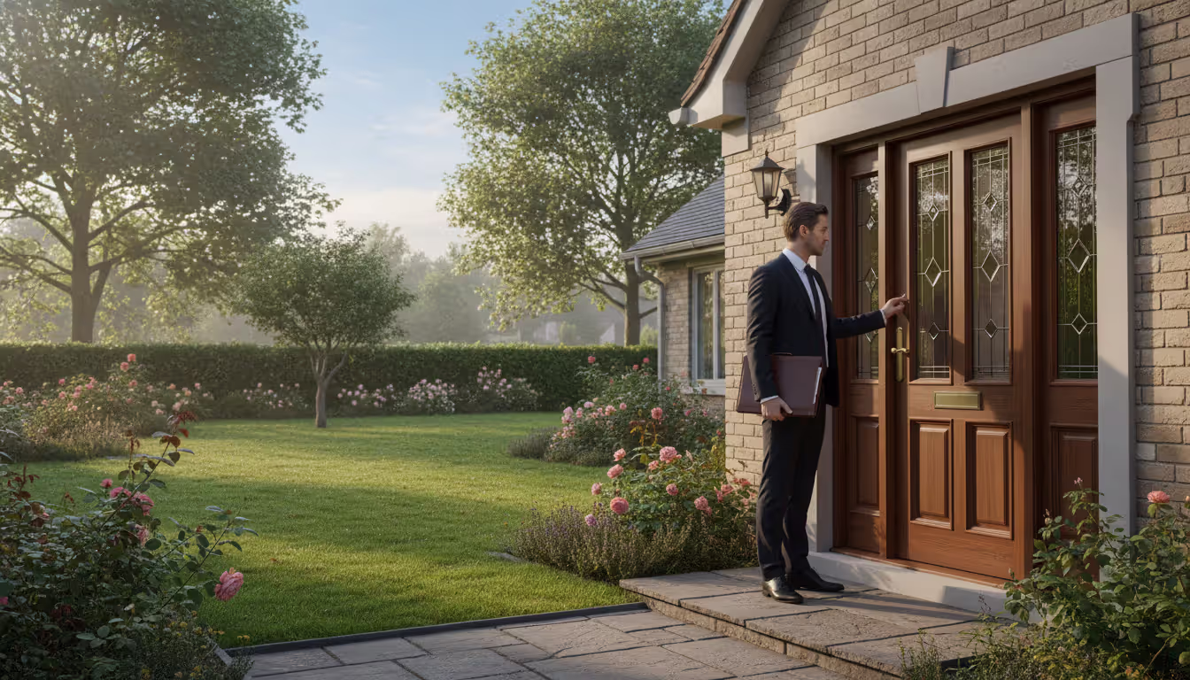 Process server ringing doorbell at a suburban residential home holding legal document folder