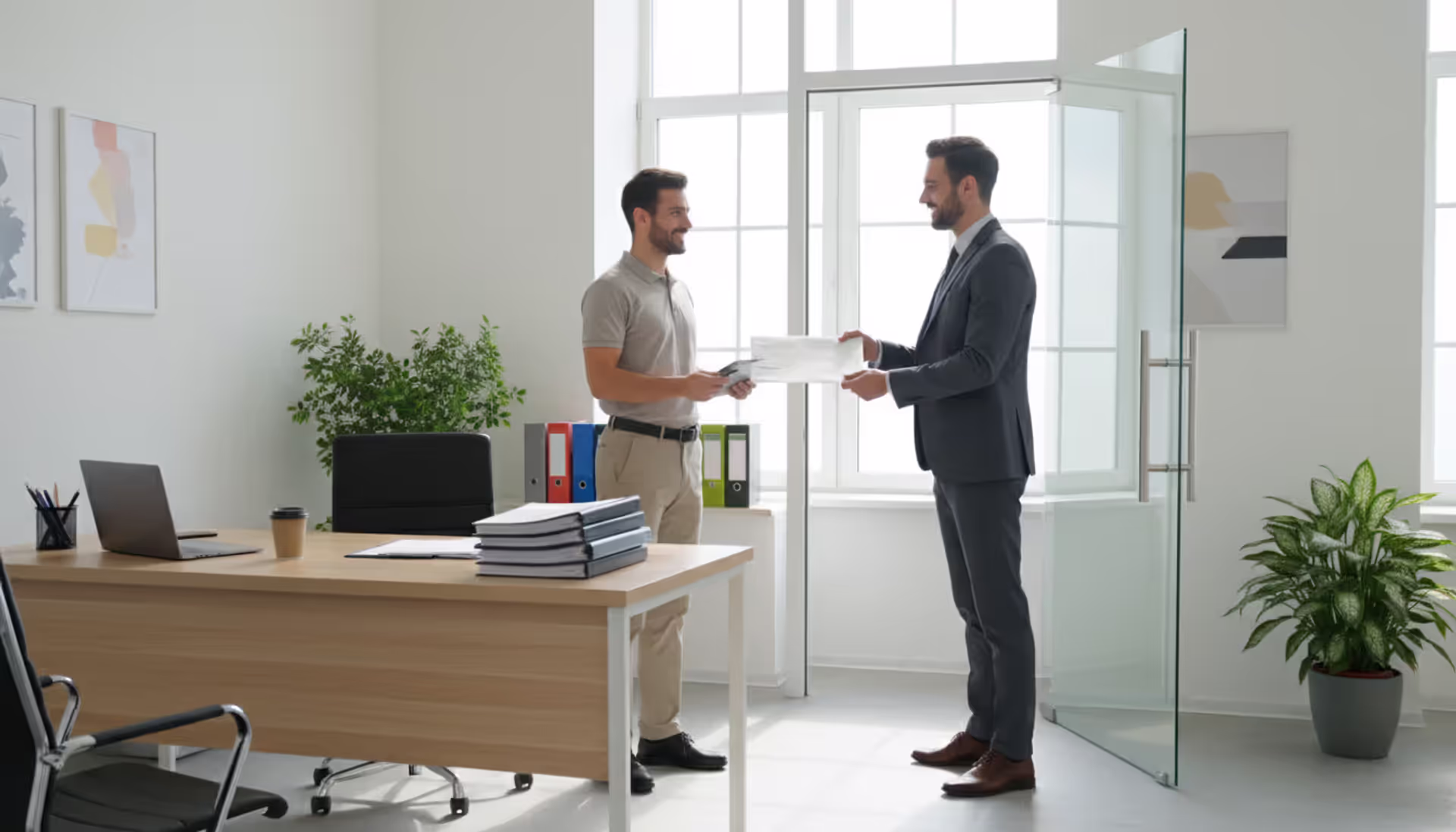 Business professional receiving legal documents from a courier at a modern office doorway