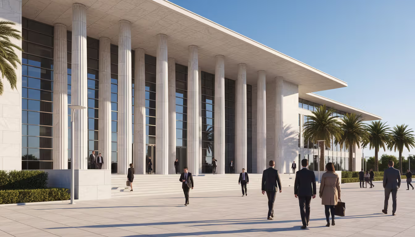 Government office building exterior with business people walking towards the entrance