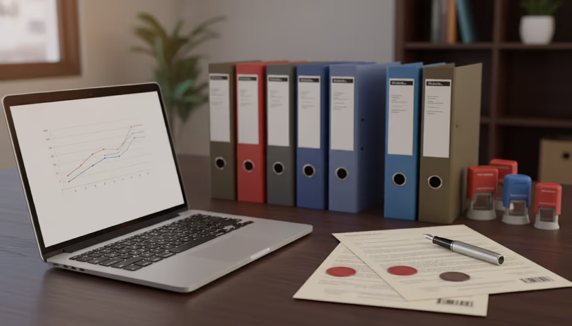Office desk with organized document folders, laptop, and official paperwork representing business statutory filings