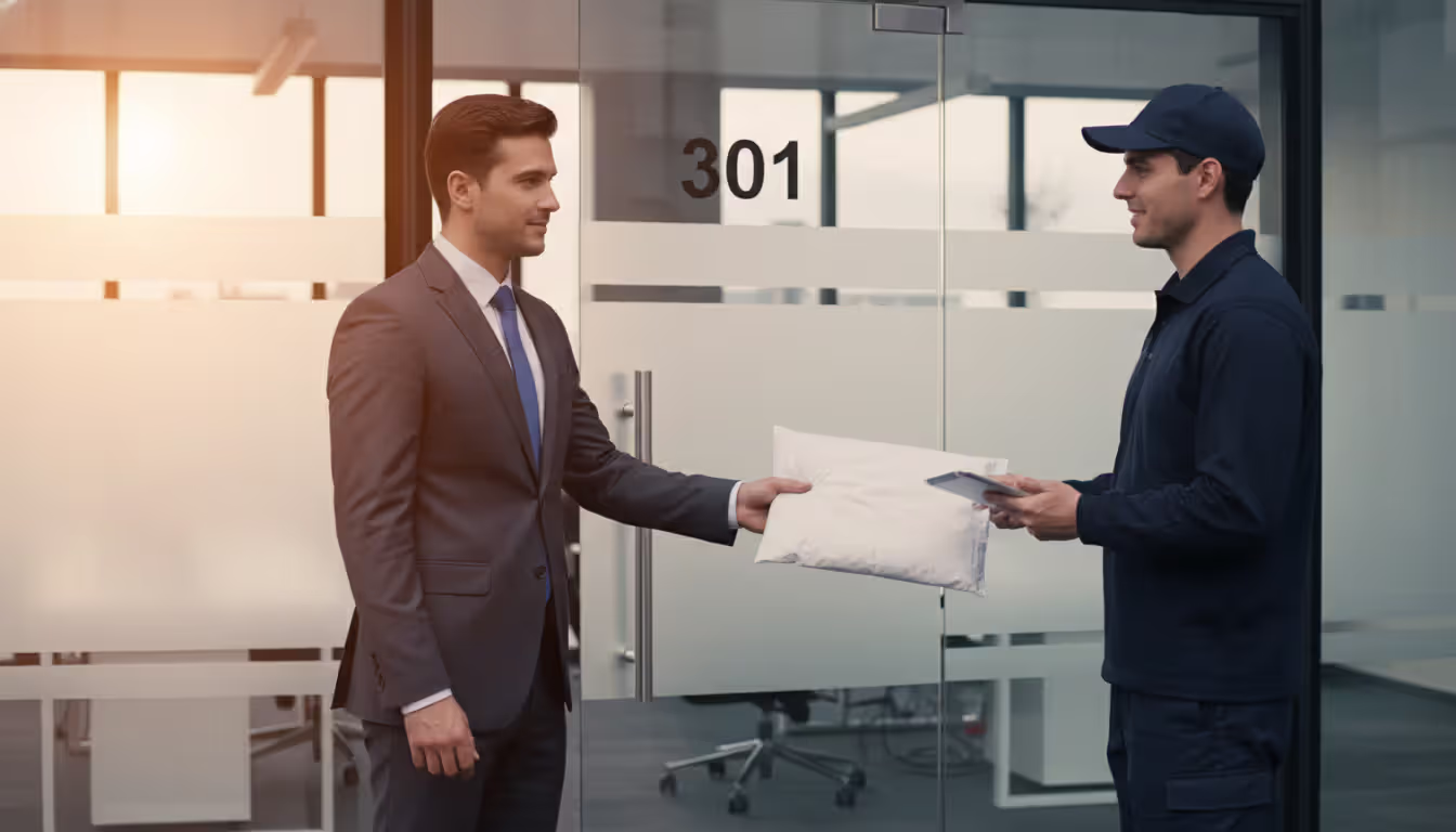 Business professional receiving a legal envelope from a process server at an office door
