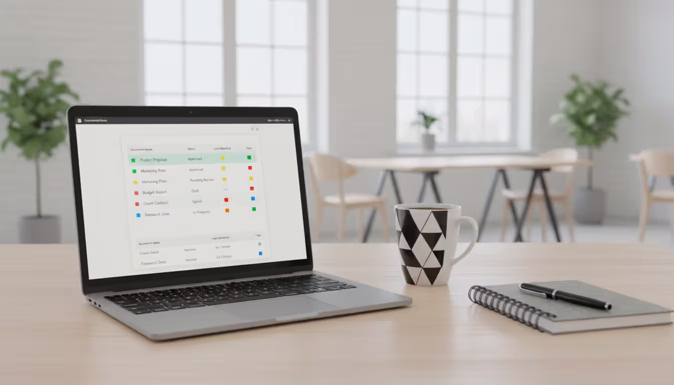 Laptop showing a compliance dashboard with document list and status indicators on a clean office desk