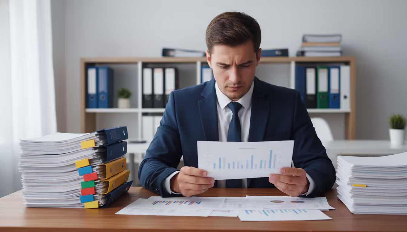 Business professional at a desk carefully reviewing and sorting financial reports with colored tab dividers, office shelves with binders in the background