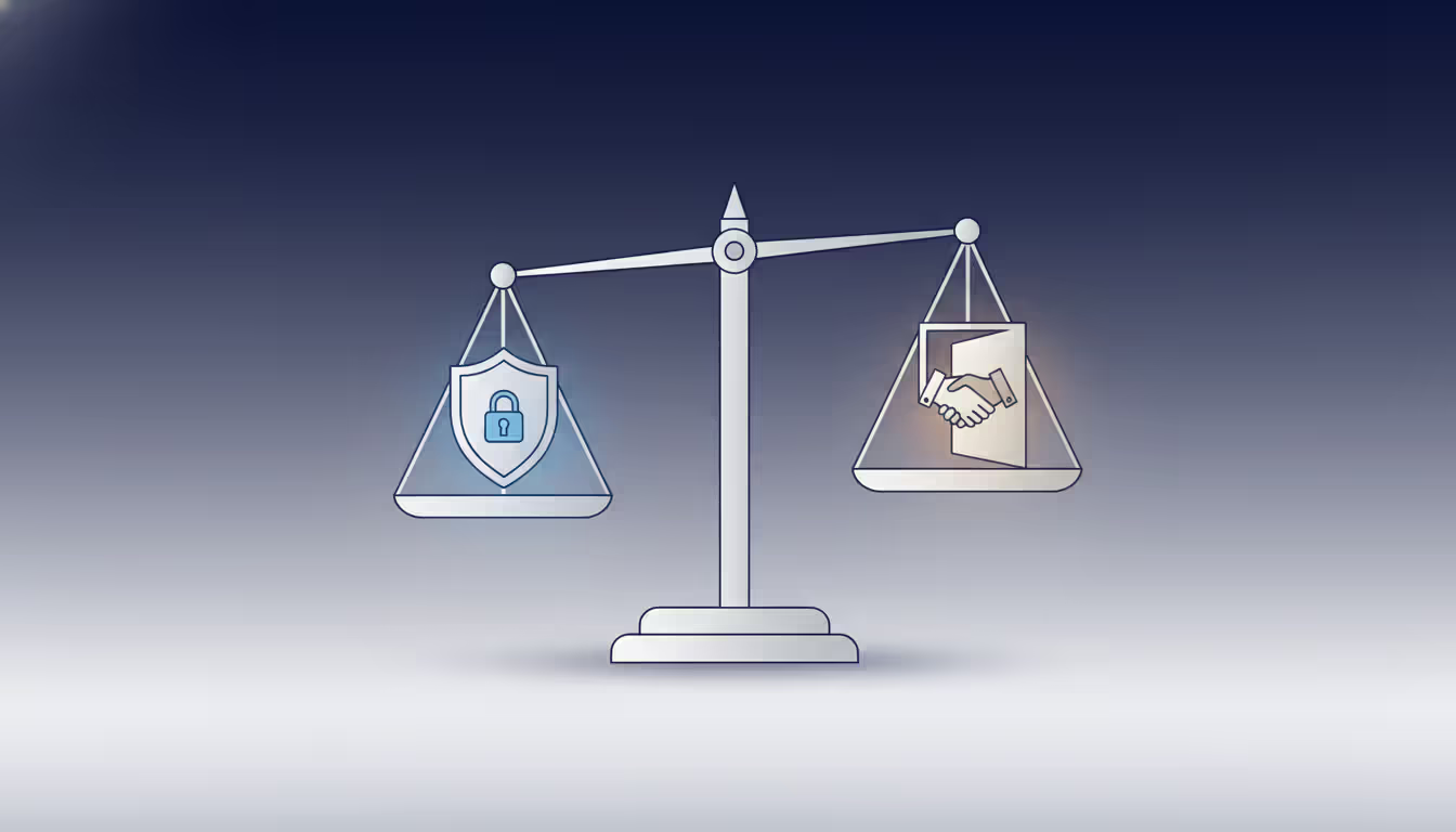Conceptual business illustration of balanced scales with security shield on one side and handshake with open door on other side representing balance between compliance and customer access