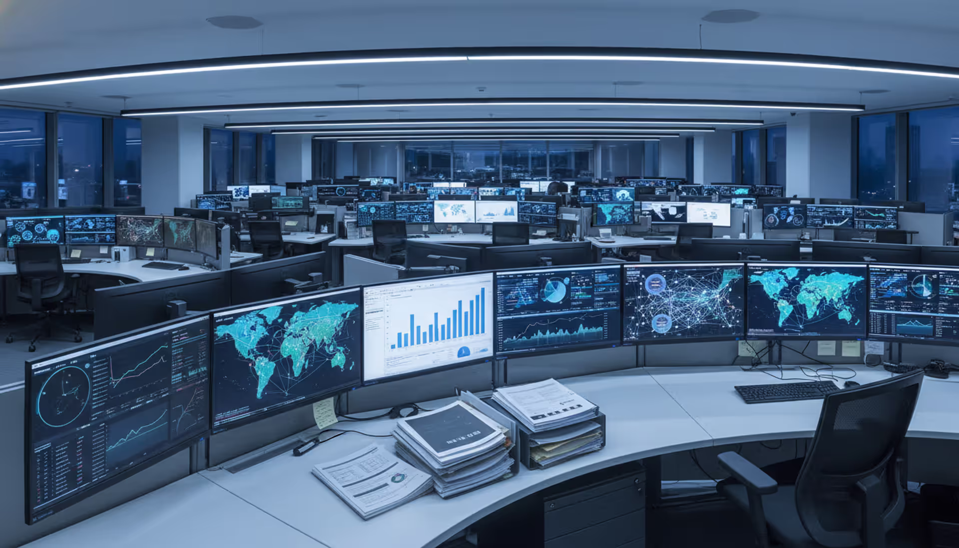 Modern bank compliance department office with multiple monitors showing connection diagrams and world map, analyst desk with documents, corporate cold lighting