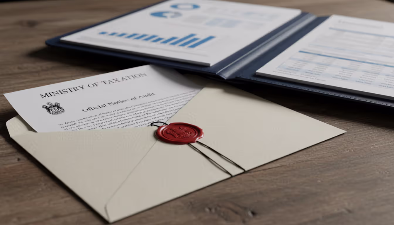 Official IRS audit notice letter in an envelope on a wooden desk next to an open folder with financial reports
