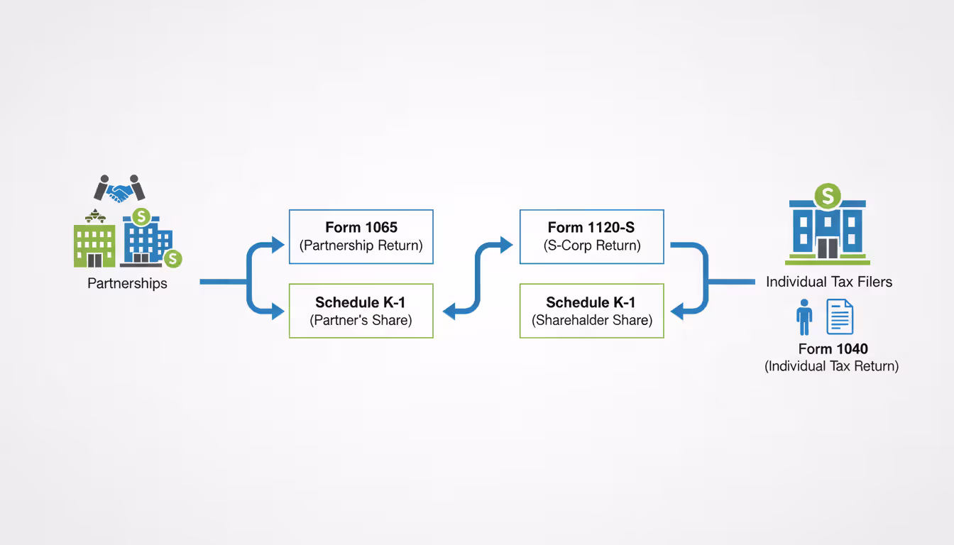 Infographic showing business entity structures with arrows illustrating tax flow from partnerships and S-corporations to individual returns