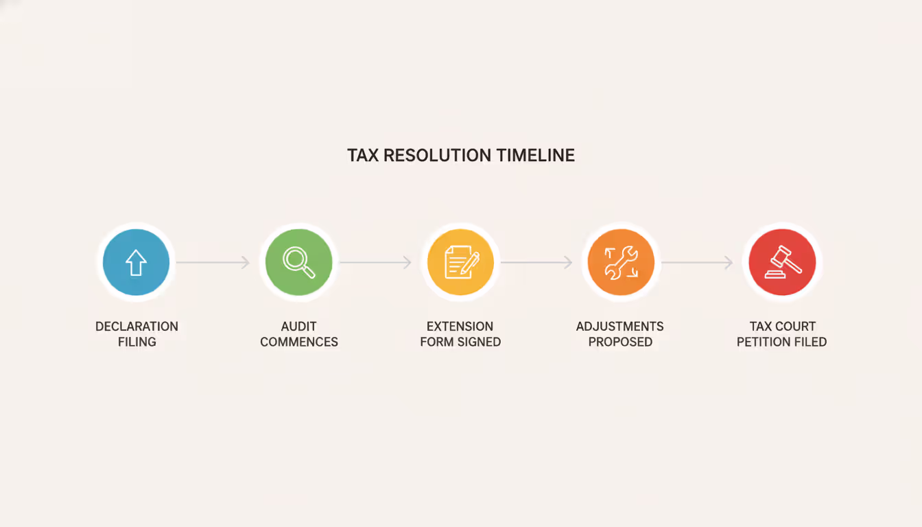 Timeline infographic showing IRS audit process stages from tax return filing through extension agreement to Tax Court petition