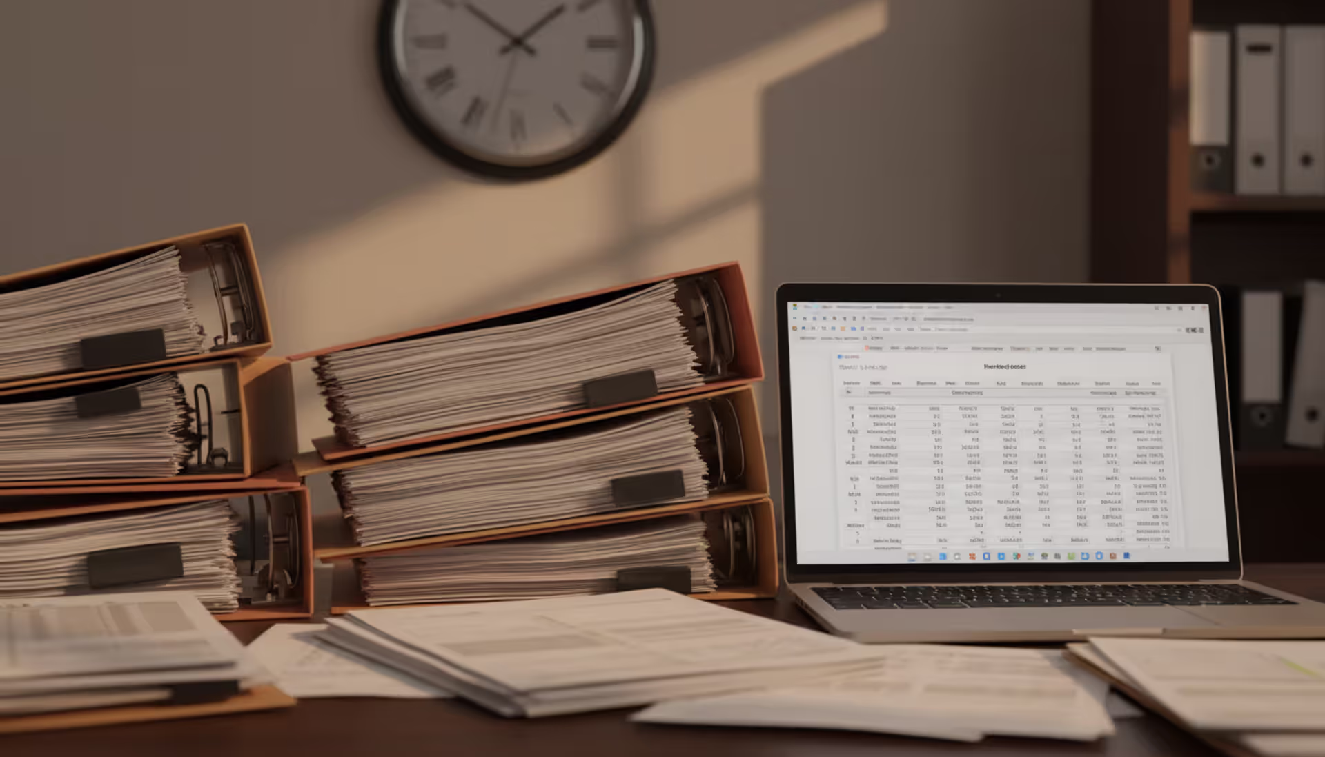 Office desk with stacked tax documents folders and a laptop showing financial data with a wall clock in the background