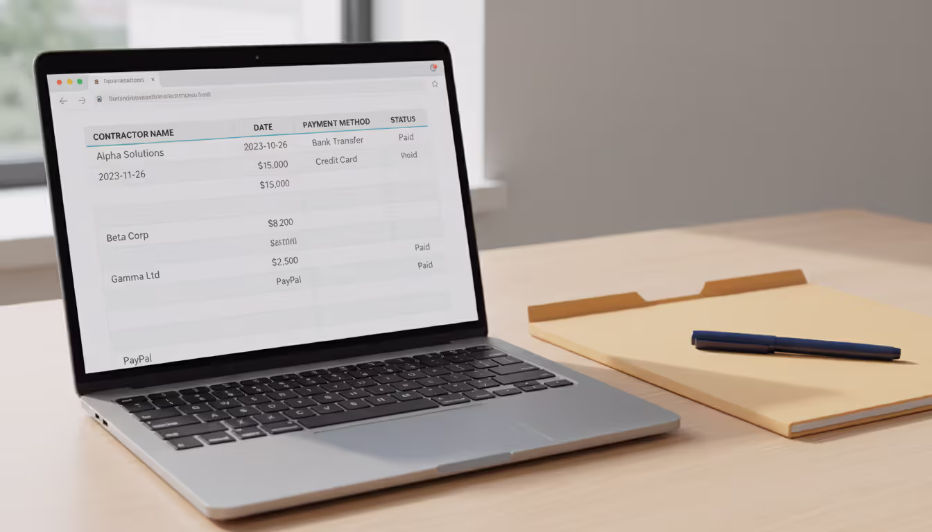 Laptop screen displaying accounting software with contractor payment tracking table showing names dates amounts and payment methods on a clean modern desk