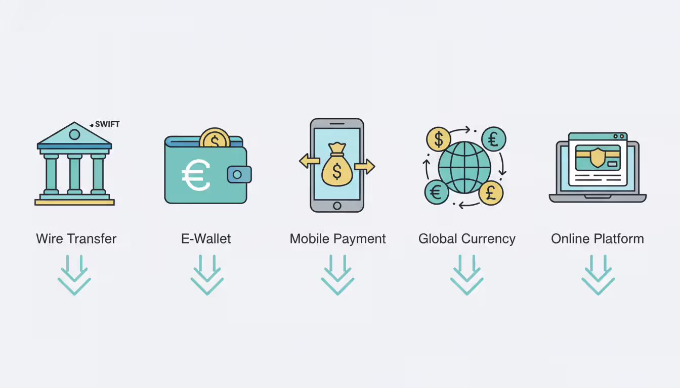 Flat corporate illustration showing five international payment method icons in a row: bank building, e-wallet, smartphone with money icon, globe with currency symbols, and laptop with payment platform interface