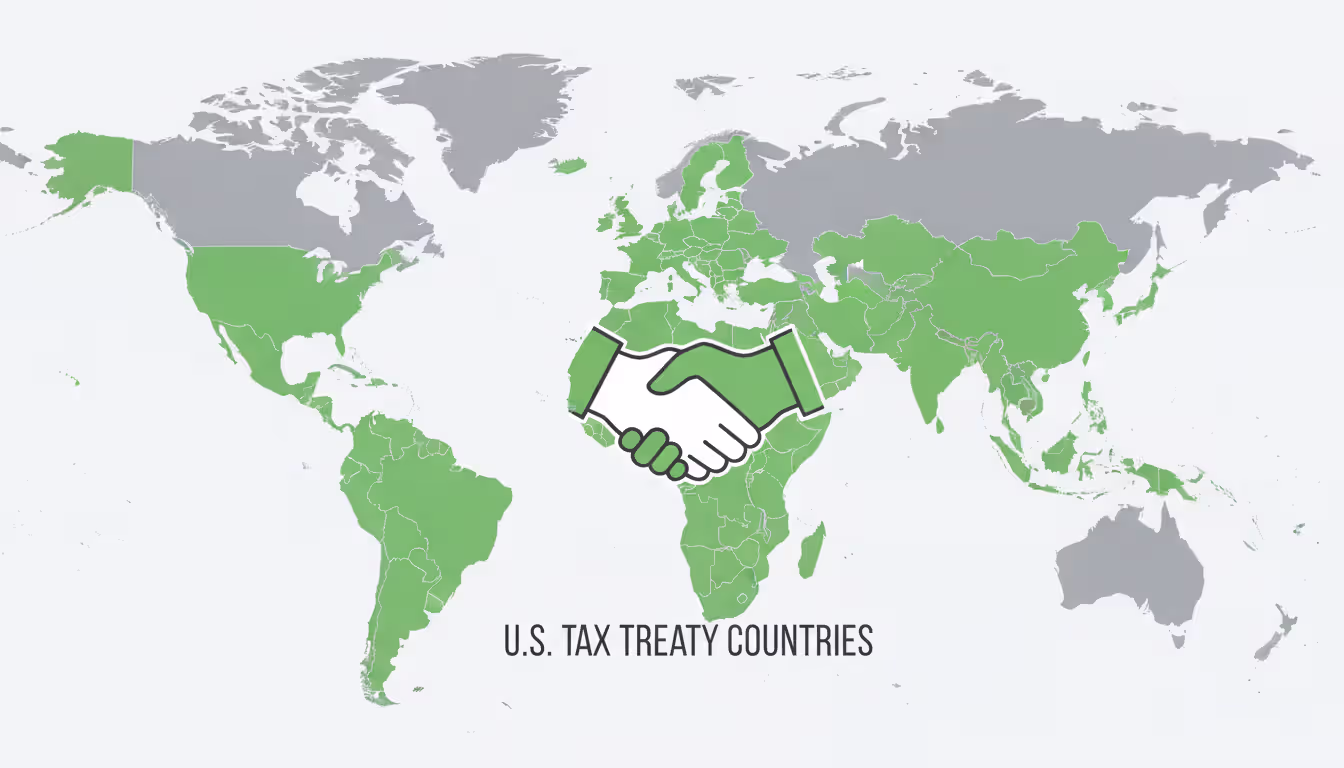 Stylized world map highlighting over 60 US tax treaty countries in green with remaining countries in gray and a handshake icon in the center representing bilateral tax agreements