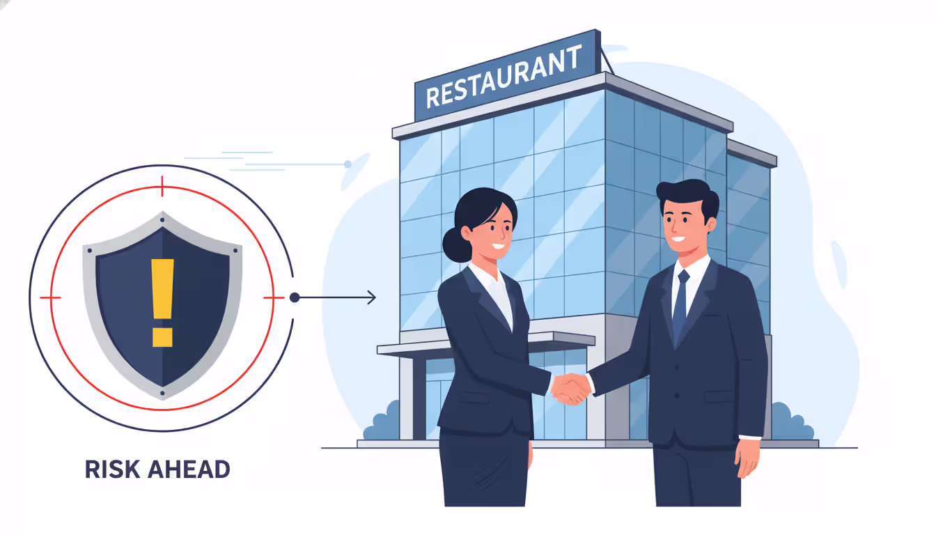 Two business people shaking hands near restaurant building with a warning shield icon symbolizing liability risk