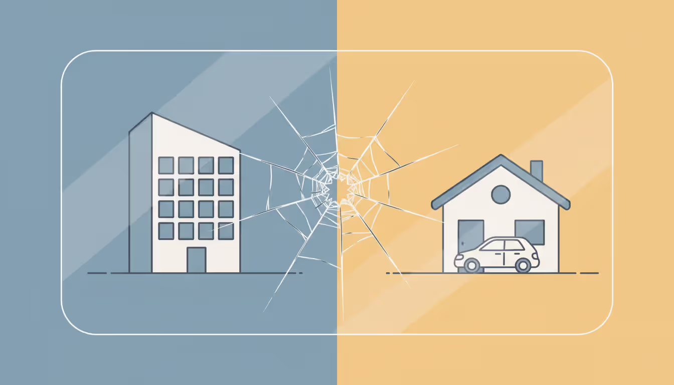 Cracked glass wall separating corporate office building from personal house and car, symbolizing piercing the corporate veil