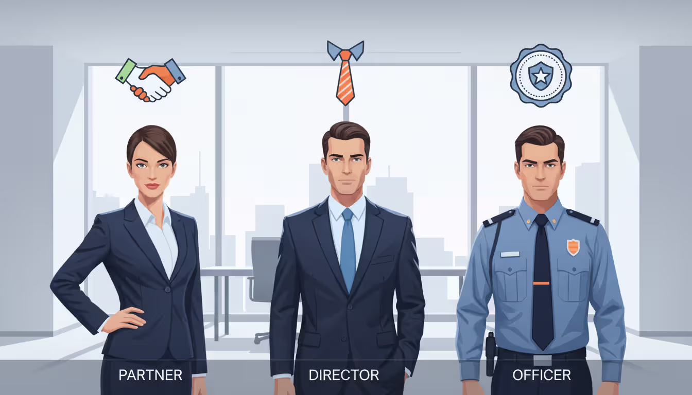 Three business professionals representing partner, director, and corporate officer roles with role icons above them in modern office