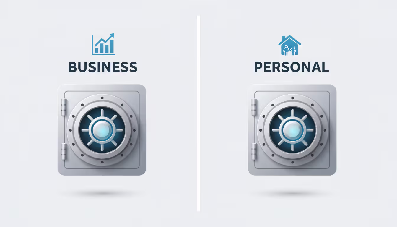 Two separate bank vaults labeled Business and Personal with clear dividing line between them, clean infographic style