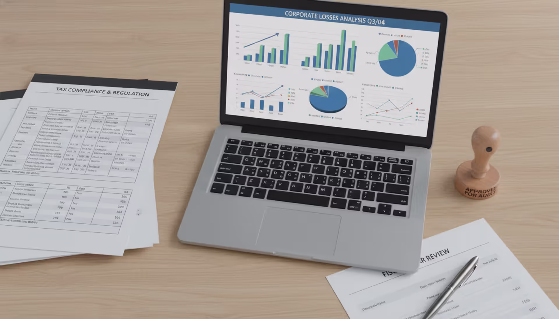 Corporate office desk with financial documents, laptop showing charts, pen and stamp, business tax regulation concept