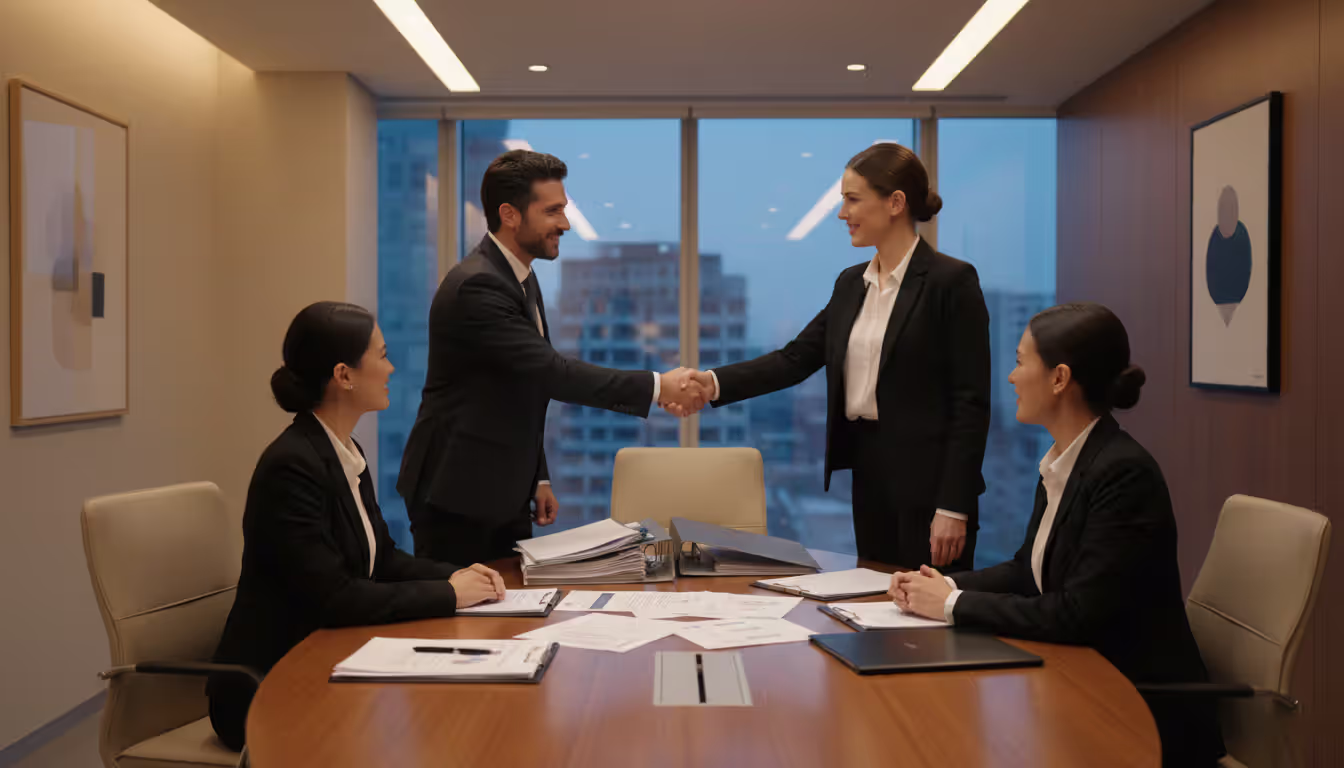 Two business teams shaking hands across a negotiation table with legal documents, representing a successful deal agreement