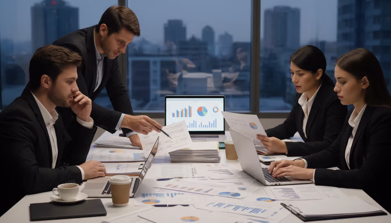 Professional team conducting due diligence review with financial reports, charts, and laptops spread across a large conference table