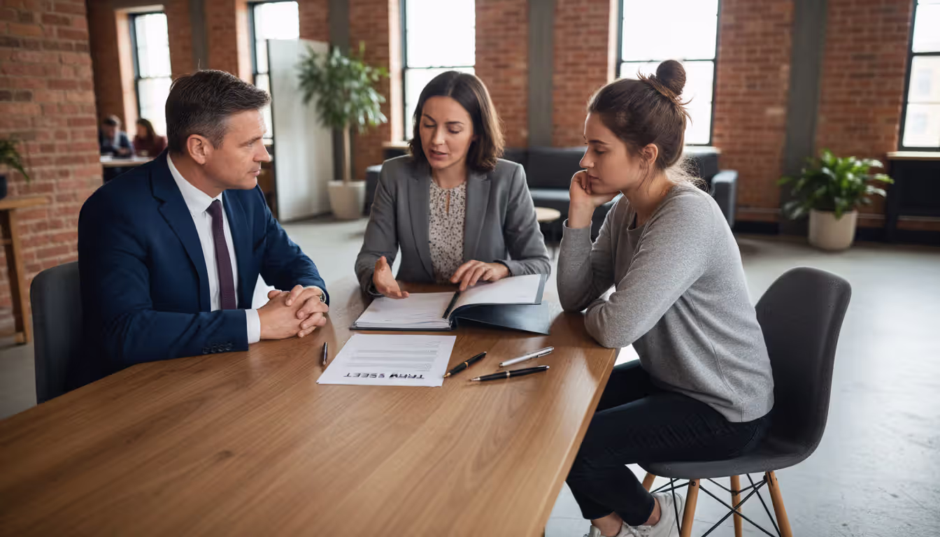 Startup founder, investor, and attorney reviewing term sheet documents at a table in a modern coworking space