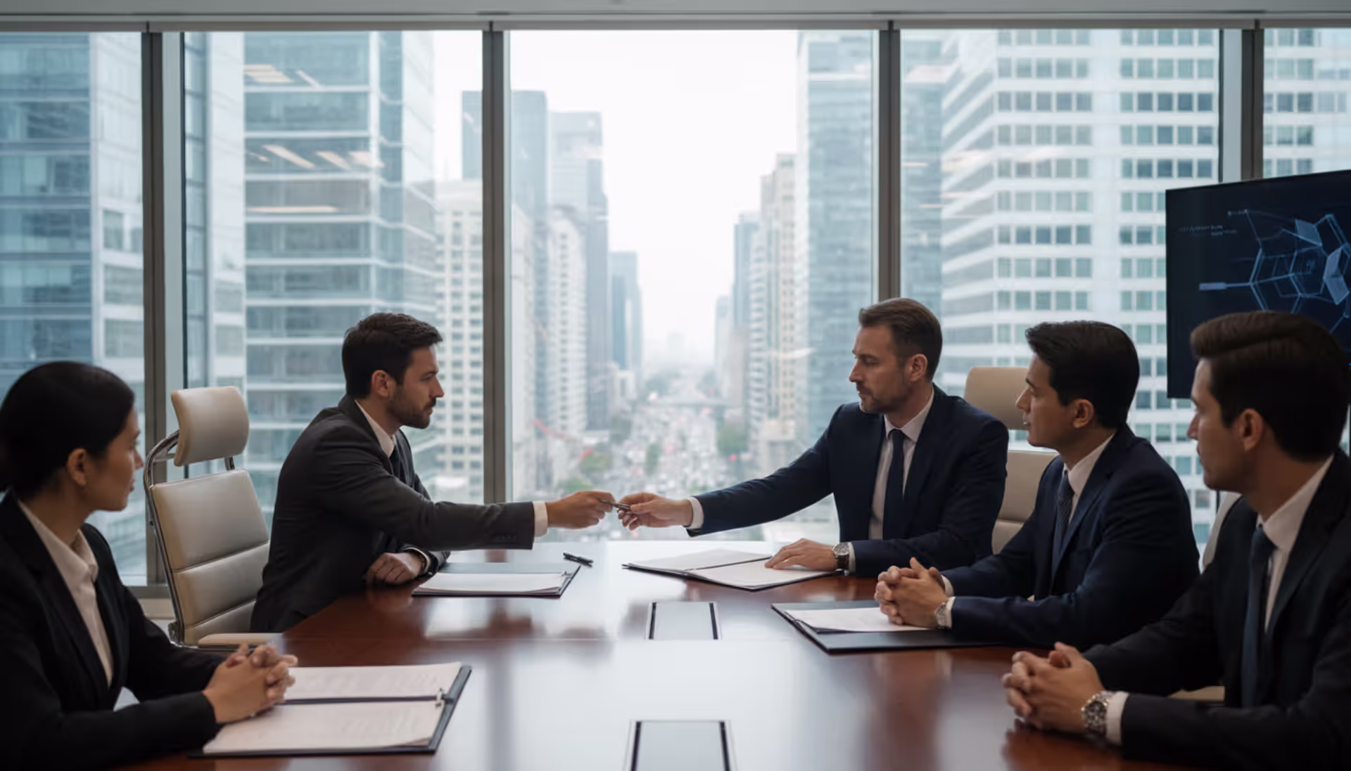 Business professionals in a modern conference room signing contract documents with a city skyline view through panoramic windows