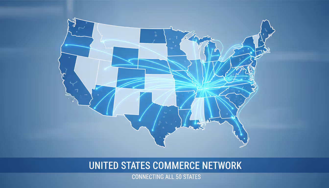Map of the United States with glowing connection lines between states symbolizing unified commercial law network