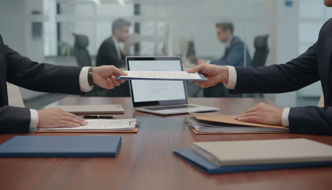 Two business professionals in suits exchanging signed documents across a conference table in a modern office