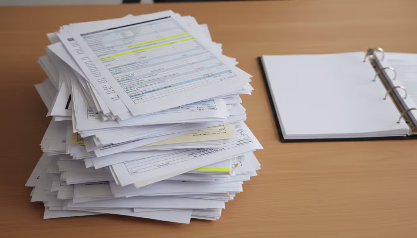 Stack of overlapping commercial purchase order forms and business documents with highlighted lines on an office desk