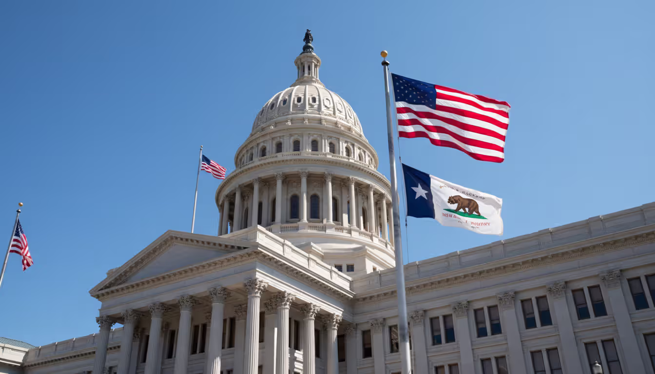 American state capitol building with dome photographed from below against blue sky with US flag waving in front