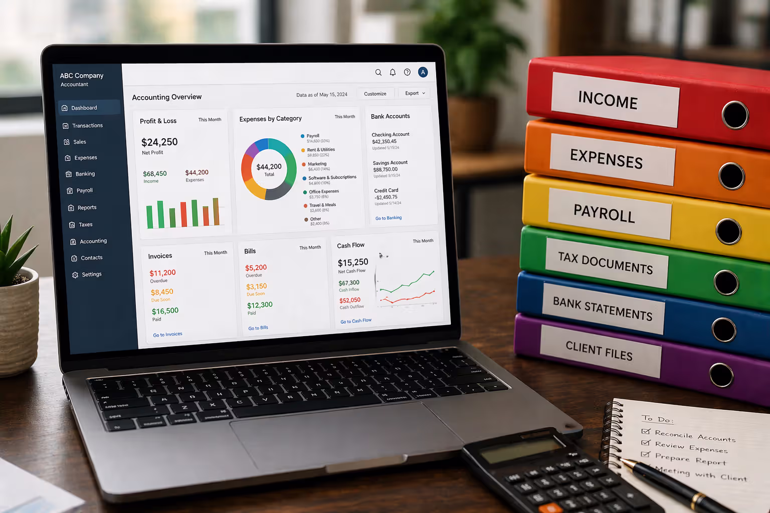 Laptop showing accounting software with color-coded business categories next to multicolored folders on a desk