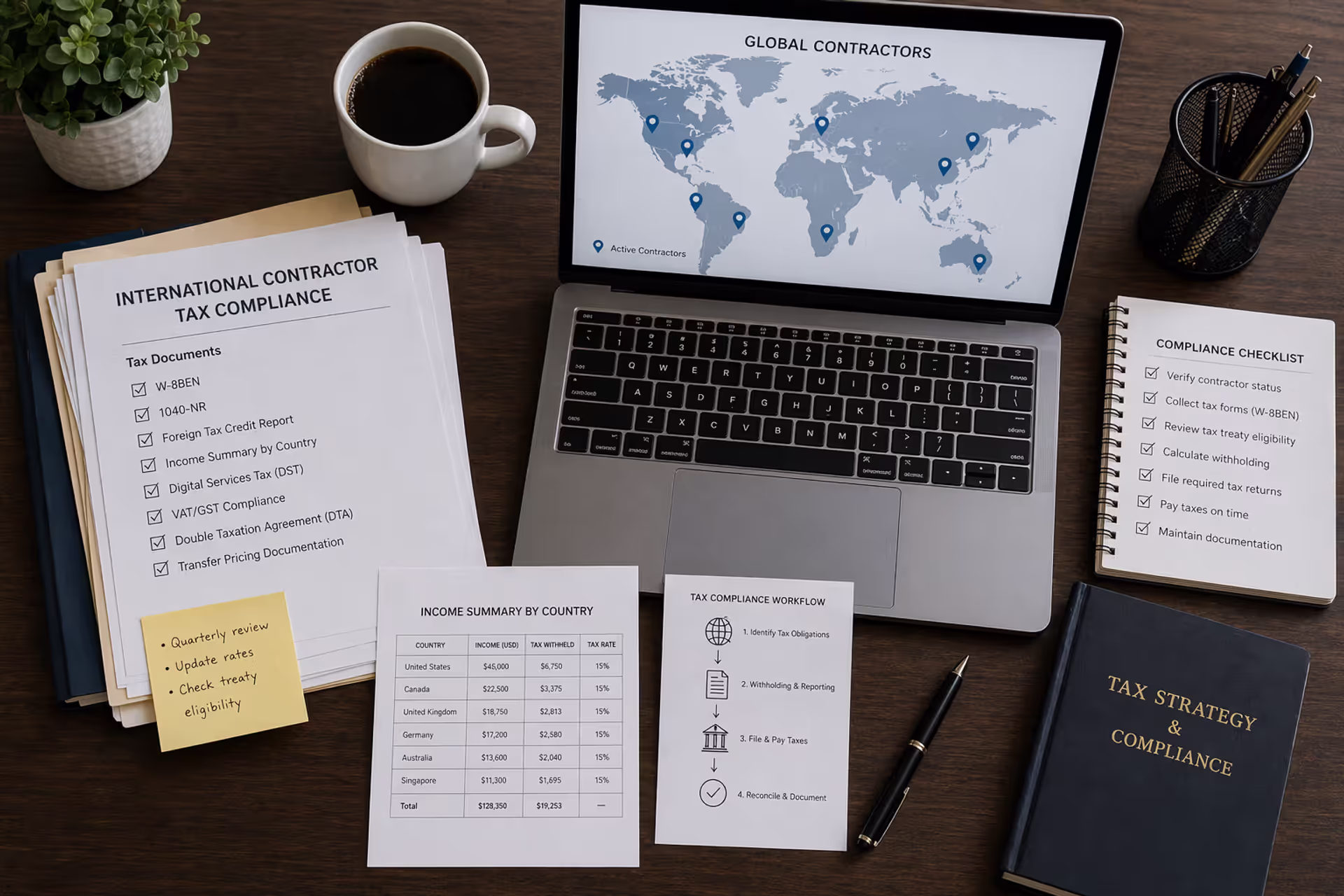 Top-down view of a business desk with a laptop showing a world map with location markers, stack of tax documents, coffee cup, and a pen representing international contractor tax compliance